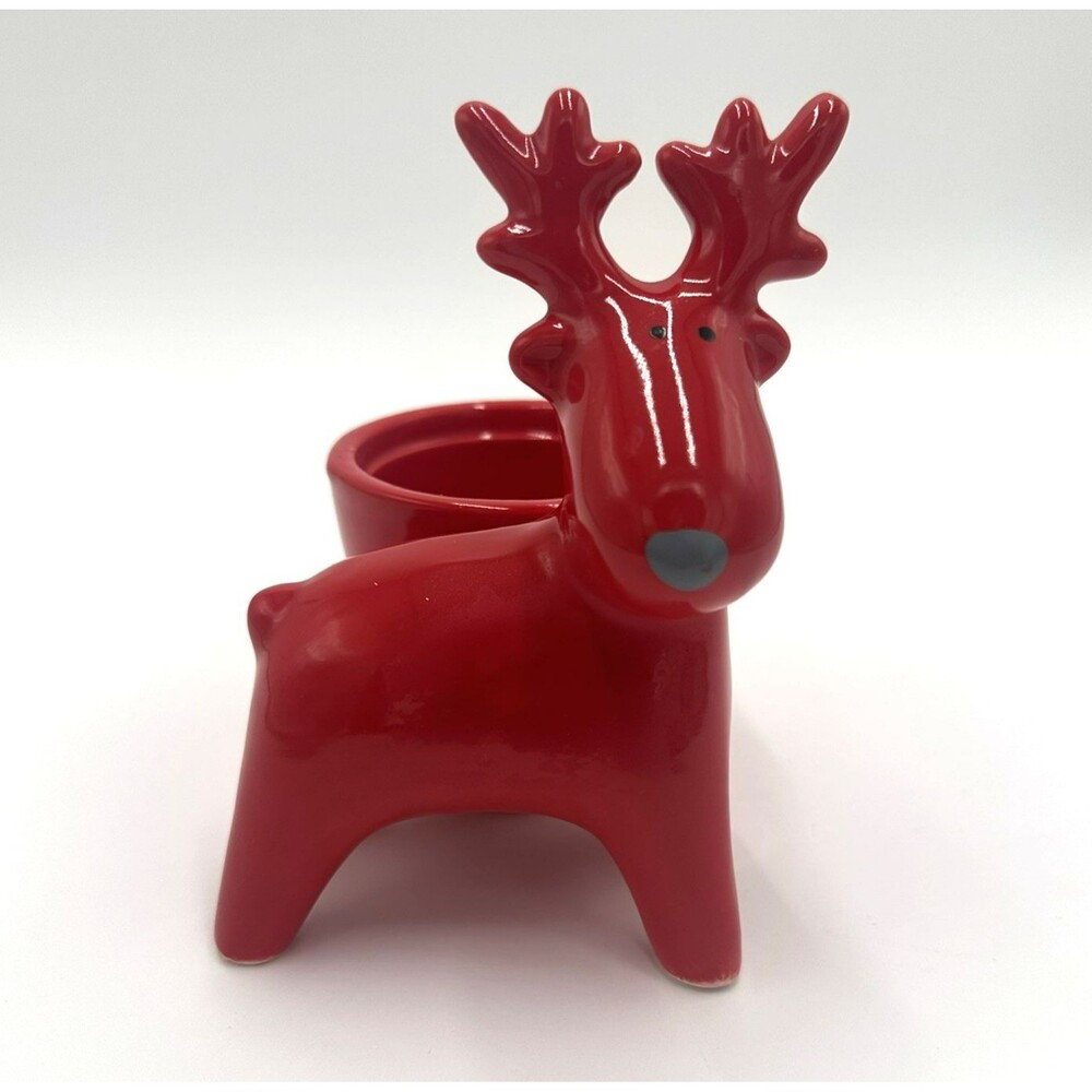 Ceramic Red Reindeer Planter Tealight Candle Holder 2.5" Christmas Holiday